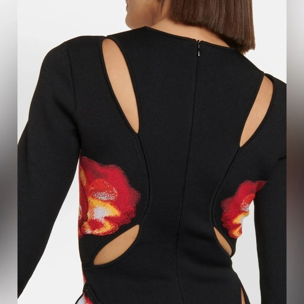 Alexander McQueen Orchid Jacquard Midi Dress Cutouts Medium Black Red Yellow NWT - Picture 14 of 15